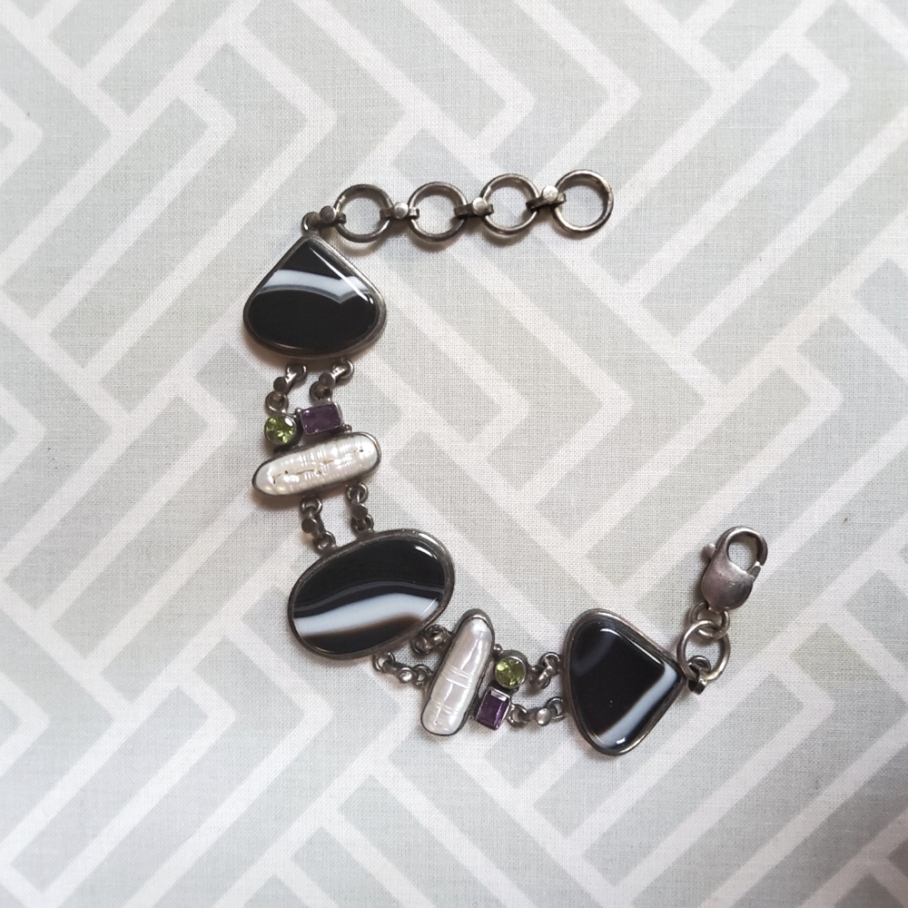 Vintage Genuine Gemstones Sterling Silver Bracelet